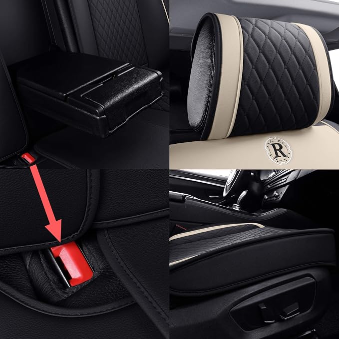 Aierxuan Seat Covers for Cars Women Leather Waterproof Universal Fit for Hyundai Elantra Sonata Ford Forte Honda Civic CRV Toyota Corolla 4Runner Rav4 Highlander Hybrid(Full Set, Black-Beige)