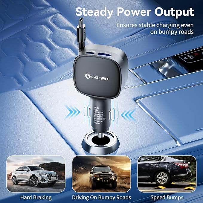 Retractable Fast Car Charger, 84W Max USB C Car Phone Charger Fast Charging, Cigarette Lighter Adapter with Built-in Retractable 31.5 inch Cable for iPhone15/16/17, Samsung, Android