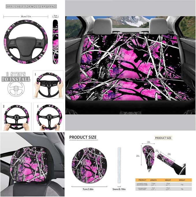 KEIAHUAN Pink Camo Front and Rear Bench Seat Cover Full Set,Camouflage Steering Wheel Cover,Car Headrest Cover,Coaster,Gear Shift Knob Cover with Handbrake Cover,Car Accessories Set
