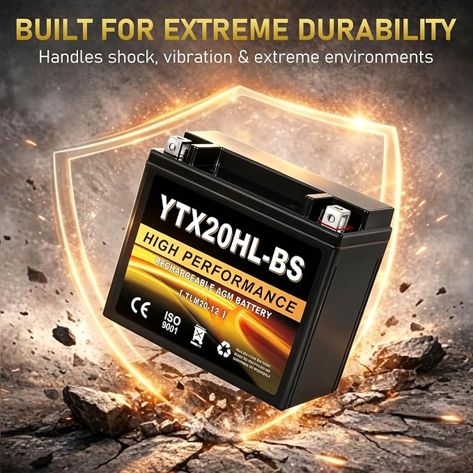 YTX20HL-BS 12V 20Ah AGM Sealed Motorcycle Battery, Maintenance-Free, Compatible with Harley Davidson, Honda, ATV, UTV, Snowmobile Replacement