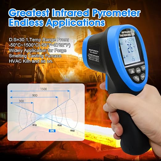 Pyrometer 30:1 Non-Contact High Temp Thermometer Gun-58℉ to 2732℉ (-50℃ ~ 1500℃) IR Thermometer Gun with Mobile APP for Pizza ovens, Kiln, Forge RQ-1500APP【Not for Human】