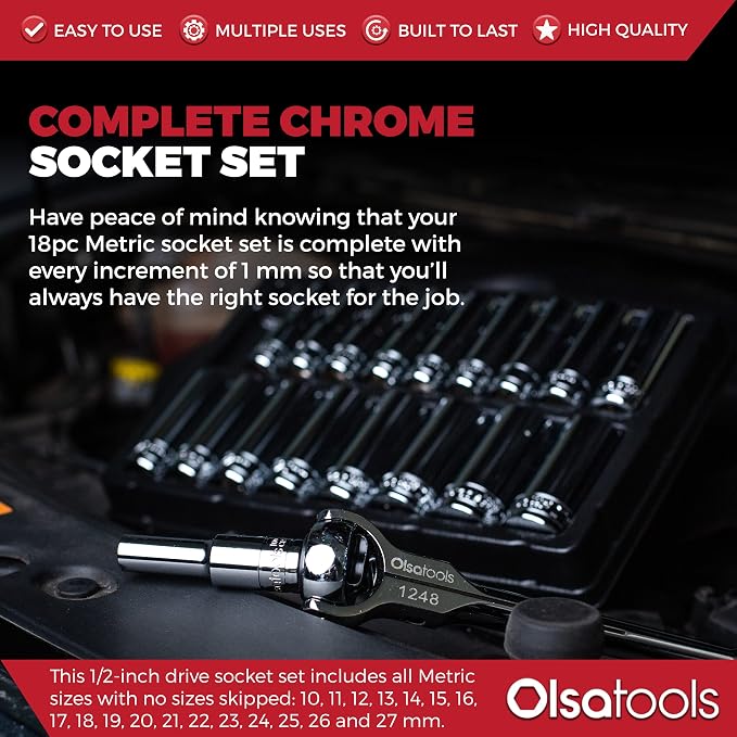 Olsa Tools Metric Deep Socket Set - 1/2-Inch Drive, 18pc - 6-Point Chrome Sockets from 10mm–27mm and No Skipped Sizes - Mechanic Deep Metric Socket Set - Professional Grade Long Sockets - Part: 1325