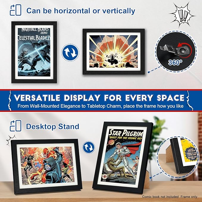 JupDec Comic Book Frame, Premium Wood Display Case for 6 11/16" × 10 3/16" Comic, Wall Mount or Tabletop Stand, Layered Design with Positioning Mat, Perfect for Home Decor, 4 Pack, White