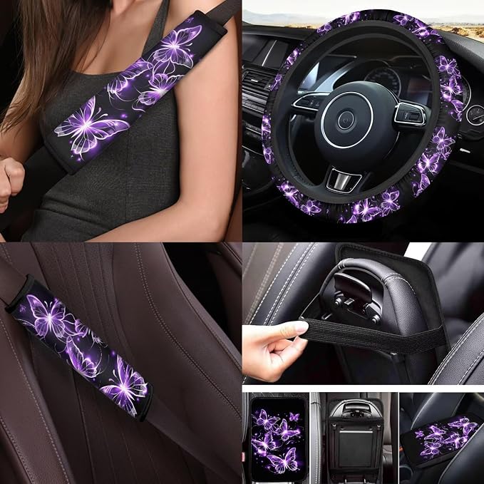 17Pcs Purple Butterfly Car Accessories Full Set for Women,Neon Butterfly Car Seat Covers Set for Front and Rear,Neon Butterflies Car Rubber Floor Mats Shoulder Pad Seat Belt Protector Set