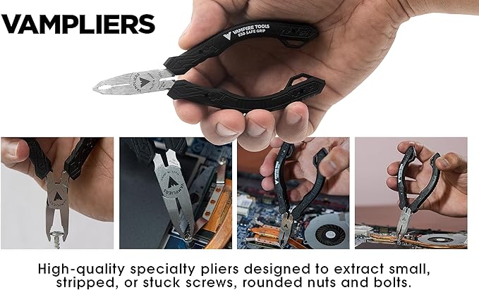 VAMPLIERS 3-PC Screw Extractor Pliers Set. Made in Japan: 8" Linesman, 7" Multipurpose & 5" ESD Safe Mini Pliers. Stripped Screw Removal Tools with Unique Non-Slip Jaws.