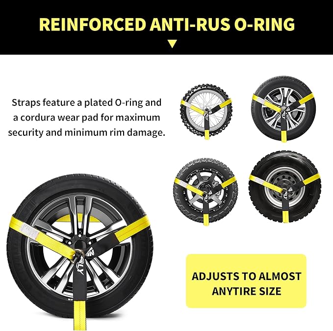 4 Pack Tire Tie Down Straps for Trailers – 2" x 96" Lasso Wheel TrailerRatchet Straps with Chain Anchors, Heavy Duty 9900 lbs Break Strength,UTV, SUV, Truck Trailer Hauling, Yellow