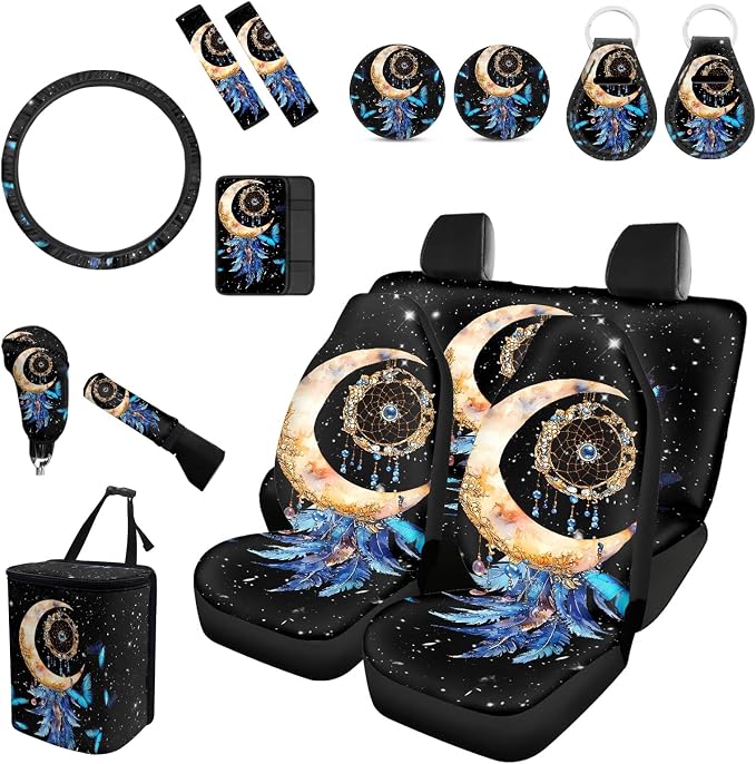 Forchrinse Moon Dream Catcher Car Seat Cover Full Set for Women Fashion Steering Wheel Cover/Armrest Cushion/Seatbelt Cover/Garbage Can/Handbrake Gear Shift Cover