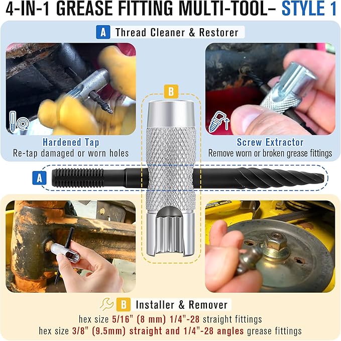 Feekoon Grease Zerk Fitting Tool All in One Grease Fittings Assortment with Removal Tool Fit 1/4"-28 SAE, 1/8"-NPT, M10x1 M8x1 and Hex Size 3/8" 5/16" 7/16" for Install, Remove, Rethread