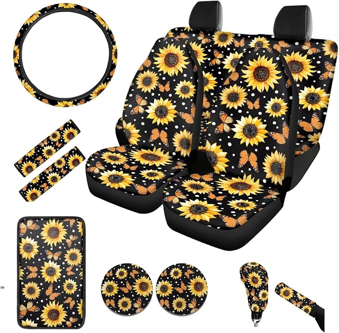 BIGCARJOB 12 Pcs Car Seat Covers Full Set Sunflower Print Cars Interior Accessories Auto Seat Protector Set Butterfly Print Armrest Cushion,Seat Belt Pads,Steering Wheel Covers