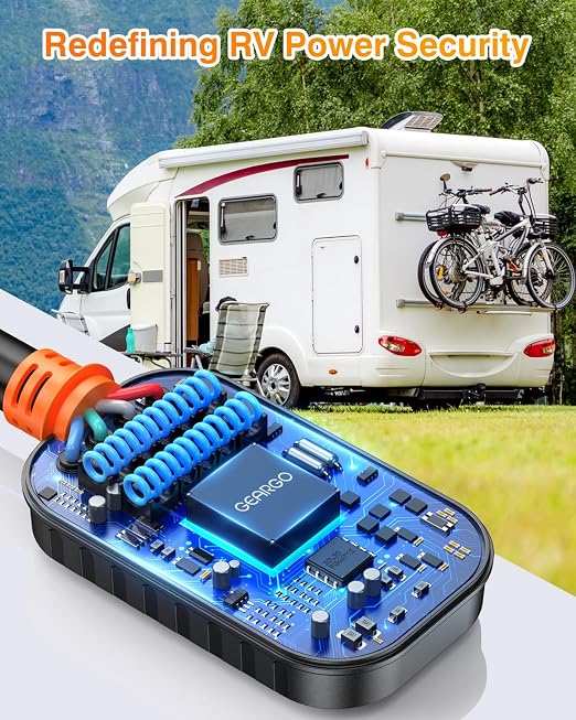GEARGO 𝟑𝐫𝐝-𝐆𝐞𝐧 RV Surge Protector 50 Amp, Latest 18000J Surge Protection RV Circuit Analyzer, RV Adapter Plug for Camper with Waterpoof Cover, Plug and Play（Orange）