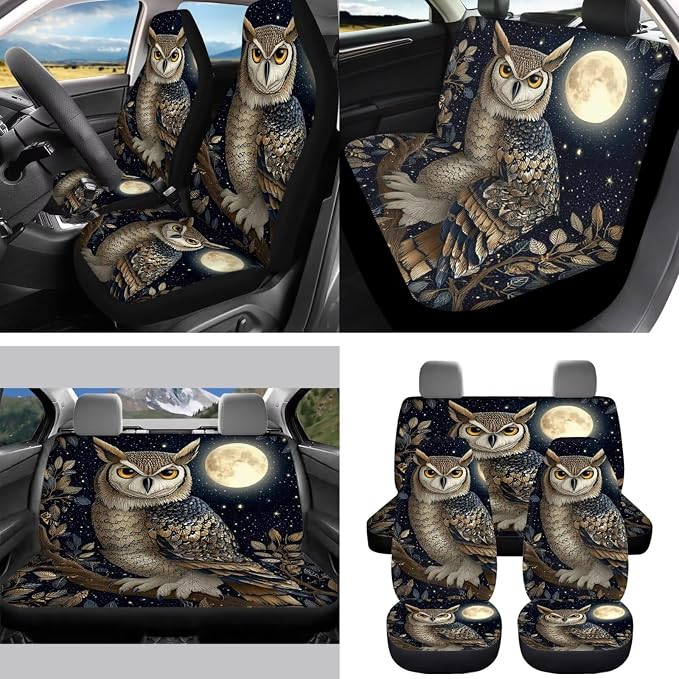 Moon Owl 15 PCS Car Seat Cover Set with Auto Steering Wheel Cover Seat Belt Strap Protector Cup Holder Trash Bag Rear View Mirror Protector Keychain