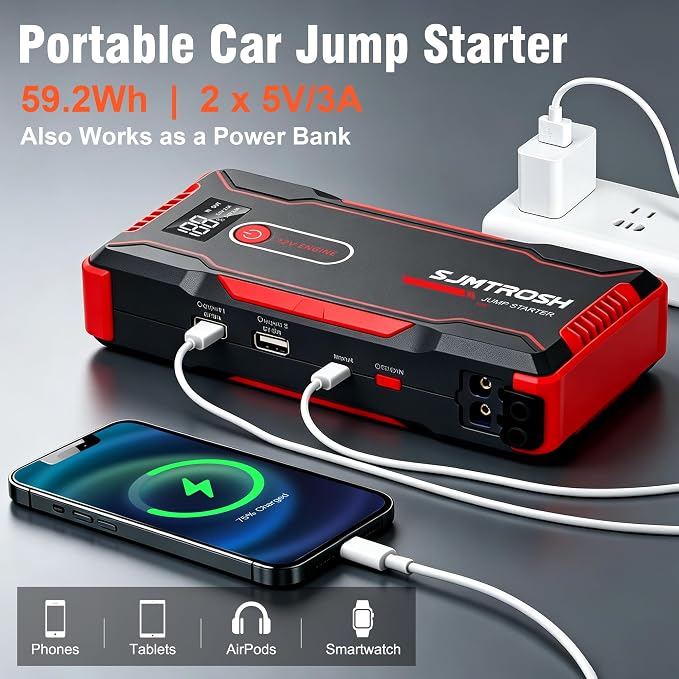 5000A Jump Starter, Car Battery Jump Starter Portable for All Gas/10L Diesel, 12V Jump Box with 59.2Wh High Capacity, Portable Car Battery Jump Starter Power Pack, Battery Jumper Starter Portable