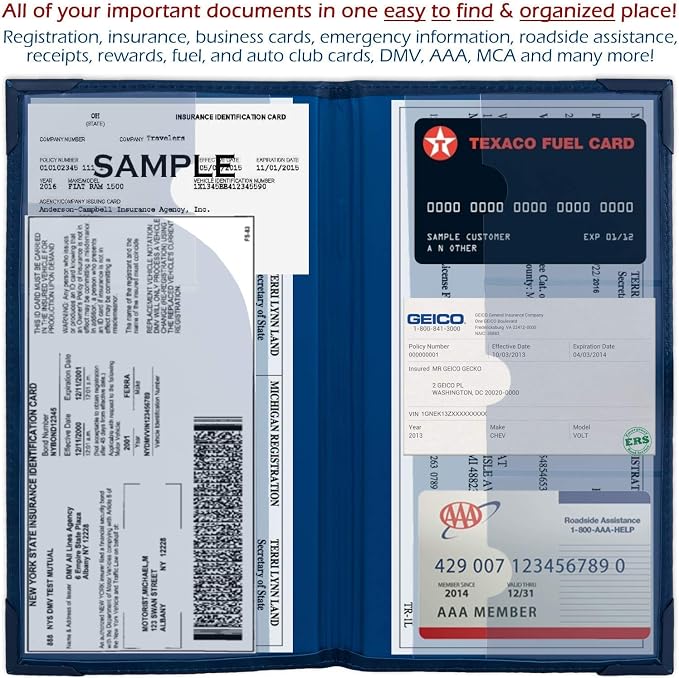 PlusXpres Auto Insurance and Registration Card Holder - Vehicle Glove Box Document Organizer - Car Essential Paperwork Holder for DMV, AAA, Contact Information Cards - BLACK + BLUE + BEIGE BUNDLE