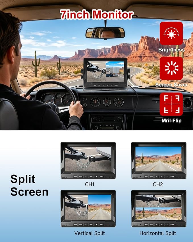 Wired Dual RV Backup Camera System with 7" Split Screen Monitor | 1080P IP69 Waterproof IR Night Vision Camera, DVR Loop Recording & 24H Parking for RV Truck Trailer Tractor Boat Skid Steer