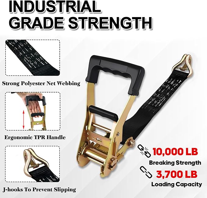 Car Trailer Tie Down Straps 4 Pack Kit, 2" x 8" Ratchet Straps Tie Down with Double J Hook with Clip, 2" x 36'' Heavy Duty Axle Strap for Car, Truck, UTV Transport,10,000lbs Break Strength