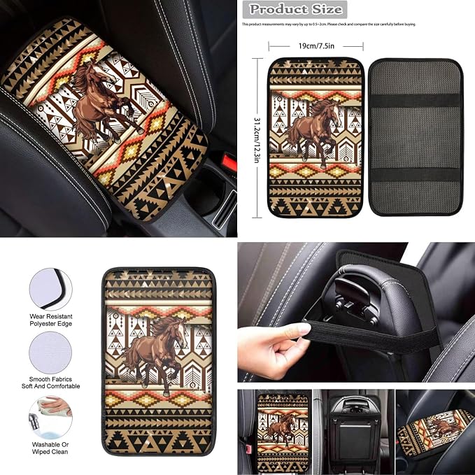 12Pcs Brown Horse Auto Seat Cover Protection Front Rear Seats,Breathable 15 Inch Steering Wheel Covers+Coaster+Keychain+Armrest+Seat Belt Pads,Southwestern Tribal Horse Car Accessory Decor