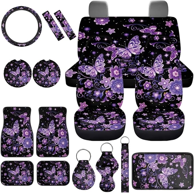 Purple Butterfly Car Cover Seats Full Set of 17 Pcs Purple Butterfly Car Accessories Set with Car Mats Full Set Steering Wherl Cover Seat Belt Cover Pad Center Console Cover,Universal Fit