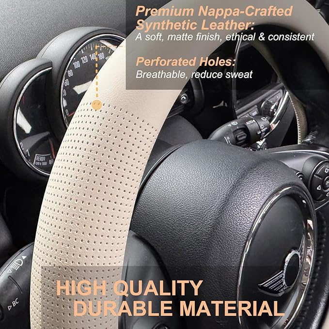 PINCTROT Large Size Nappa Leather Steering Wheel Cover, Slim Fit No Bulk Design, One Piece Leather with Breathable Perforation, Fit Like Gloves, 15.5-15.75 Inch(Nappa Beige)