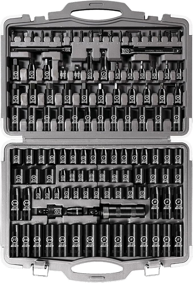 boen 119 Piece Impact Socket Set, 1/2" & 3/8" Drive Socket Set Deep/Shallow SAE/Metric, Cr-MO & S2, 6 Point, Impact Bit, Allen Sockets Included