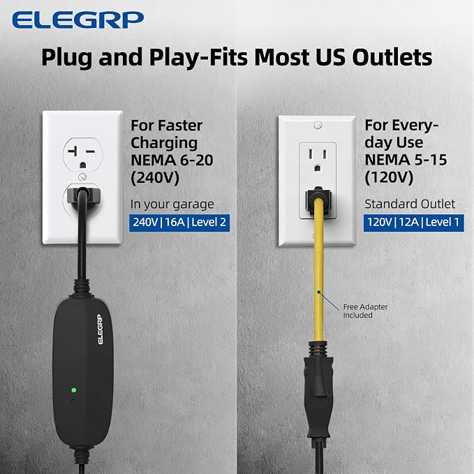 ELEGRP Level 1/2 EV Charger, 16 Amp, Portable J1772 Charger, 25FT Cable, NEMA 6-20 & 5-15 Adapter, Electric Car Charger 110V-240V for BEVs PHEVs, PBE & LRC Technology