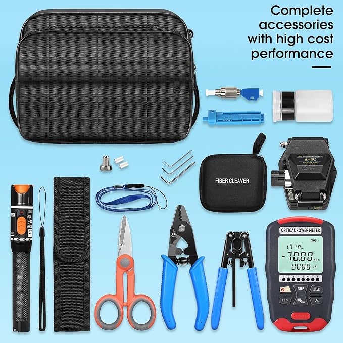 Fiber Optic Termination Kit FTTH Cold Connection tool Kit 6C Fiber cutting knife Stripper Pliers D7 OPM with RJ45 network testing and FC to LC Adapter