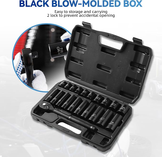 Reniteco 21-Piece 3/8" Drive Socket Set, SAE (5/16"- 7/8"), Deep and Shallow Sockets, 72-Tooth Ratchet Wrench, 6 Point Design, Cr-V