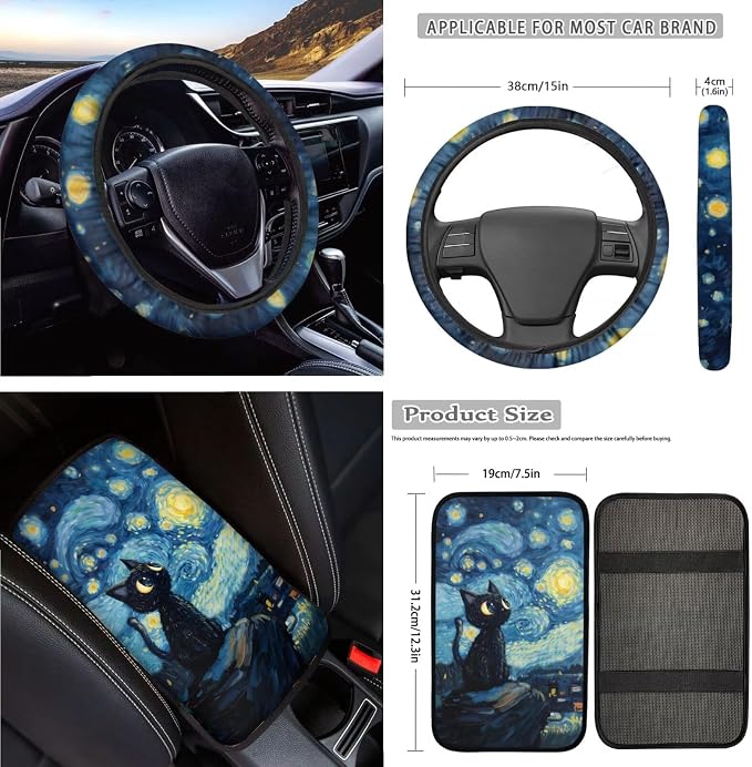 Starry Cat Print Full Set Car Seat Covers with Steering Wheel Cover Safety Belt Pads Armrest Cushion Headrest Protectors Gear Shift Knob + Handbrake Covers etc, Universal Fits
