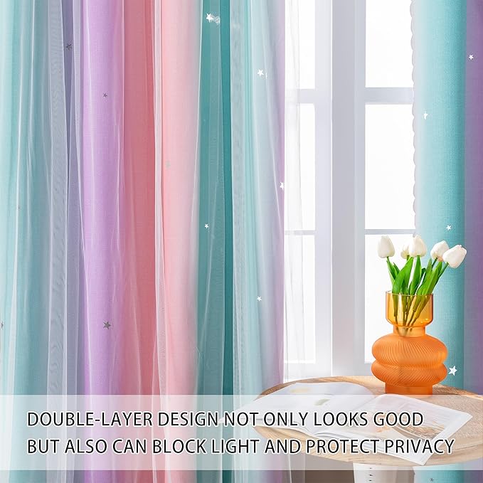 XiDi Girls Blackout Curtains 96 Inches Long for Bedroom, Room Darkening Grommet Window Ombre Curtains 2 Panel Sets, Kids Unicorn Princess Theme Decor Colorful Rainbow Design Pink/Purple/Green 34x96