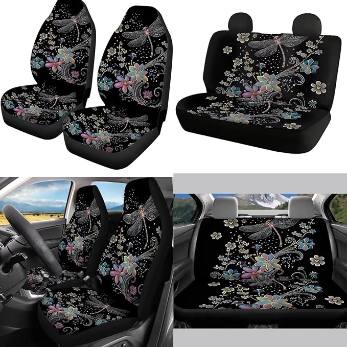 Mumeson Dragonfly Pattern Car Seat Covers Car Accessories Set Car Seat Covers with Sweat Absorption Neoprene Steering Wheel Cover and Safety Seat Belt Cover Car Armrest Box Mats