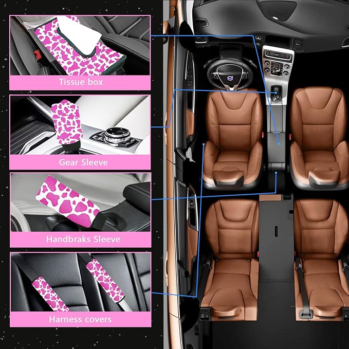 29 PCS Cow Pattern Car Accessories,Including Dashboard Decoration,Rearview Mirror Decoration,Etc,Suitable for Sedans,SUVS and Other Models,Cute Car Interior Sets Suitable for Women (Pink)