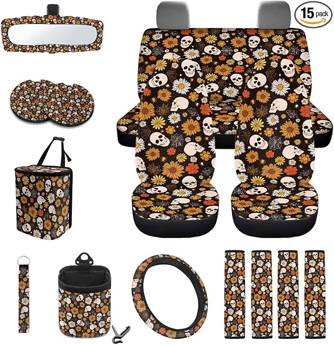 Gothic Skull Floral Print 15Pcs Car Seat Cover Full Set Car Steering Wheel Cover Seat Belt Cover Trash Bin Air Vent Storage Box Front Rear View Mirror Car Cup Holder Keychain