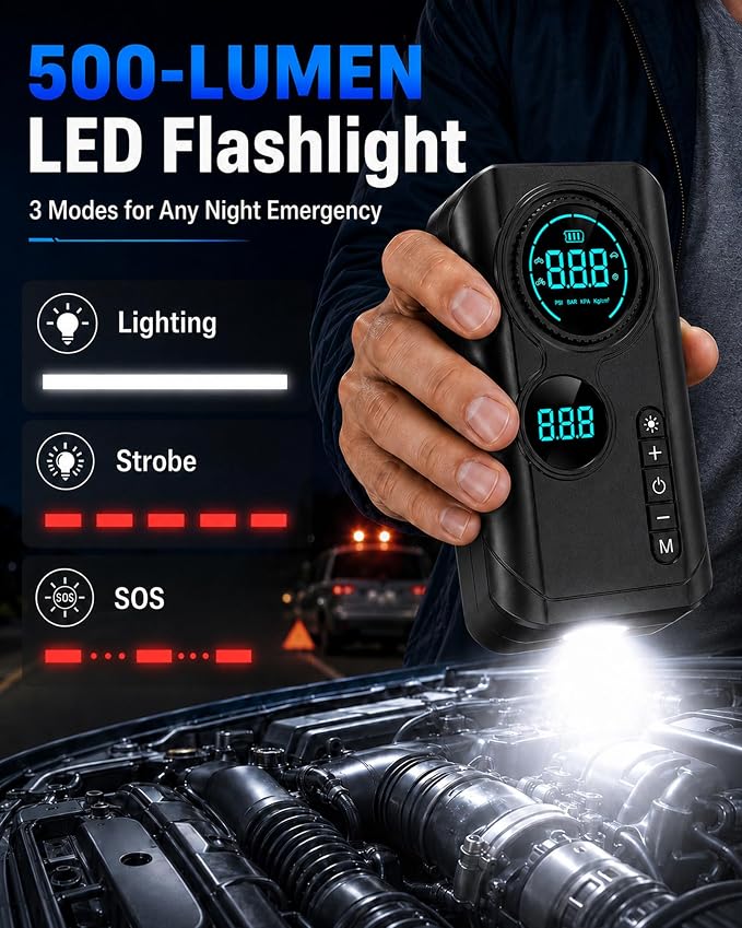 9000A Jump Starter with Air Compressor, 12V Car Battery Jumper Starter with 150PSI Tire Inflator Air Pump Portable (All Gas/10L Diesel), All-in-One Jump Box with LED Light, Power Bank, Large Display