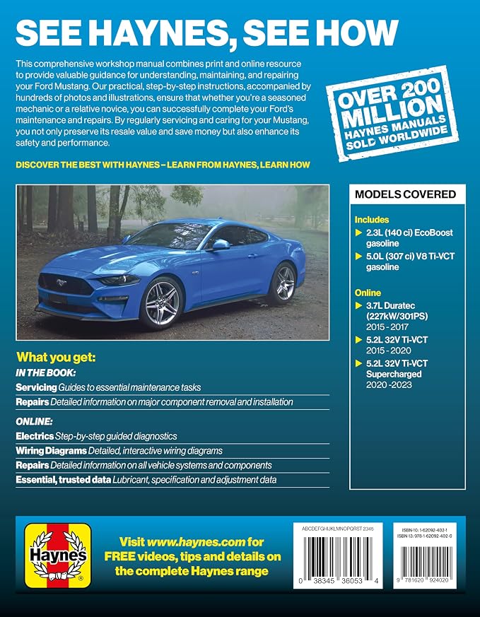 Haynes Ford Mustang (2015-2023) Repair Manual - Full Color Photos and Diagrams with Free Online Access to More Repair Content