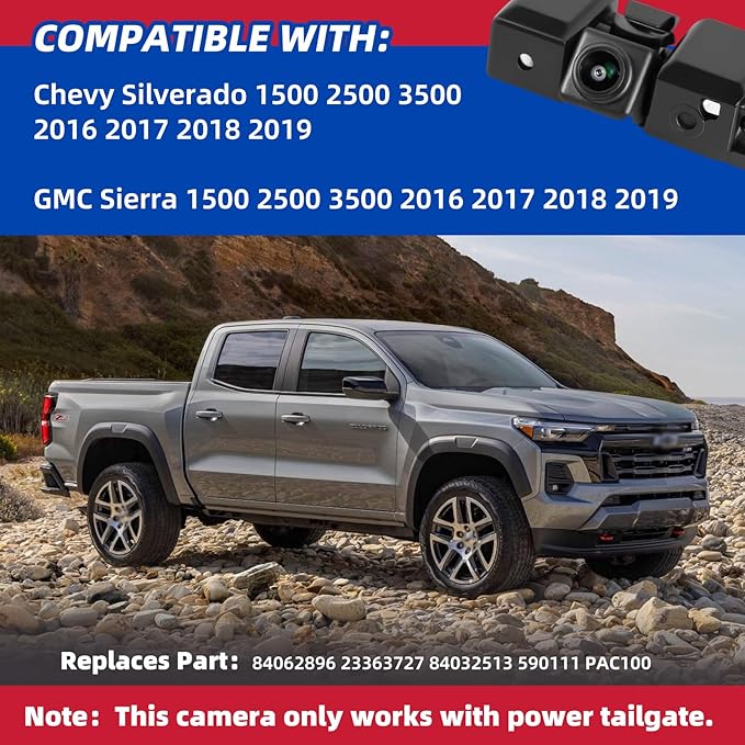 Backup Camera Compatible with 2016 2017 2018 2019 Chevy Silverado GMC Sierra 1500 2500 3500 Rear View Suitable for Power Tailgate Replace# 84062896