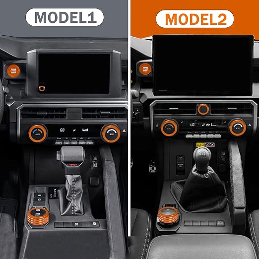 Knob Covers for Toyota Tacoma Accessories 2024 2025 2026 8" or 14" Touchscreen Air Conditioner Engine Start Stop Button Ring Drive Mode Switch Audio Center Console Button Knob Cover 7 Pcs (Orange)