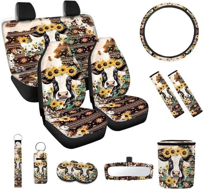 Aztec Cow Car Seat Covers Full Set with Steering Wheel Cover Car Seat Belt Cover Rear View Mirror Cover Car Trash Can Car Coasters Wristlet Keychain Keychains，12 Pieces