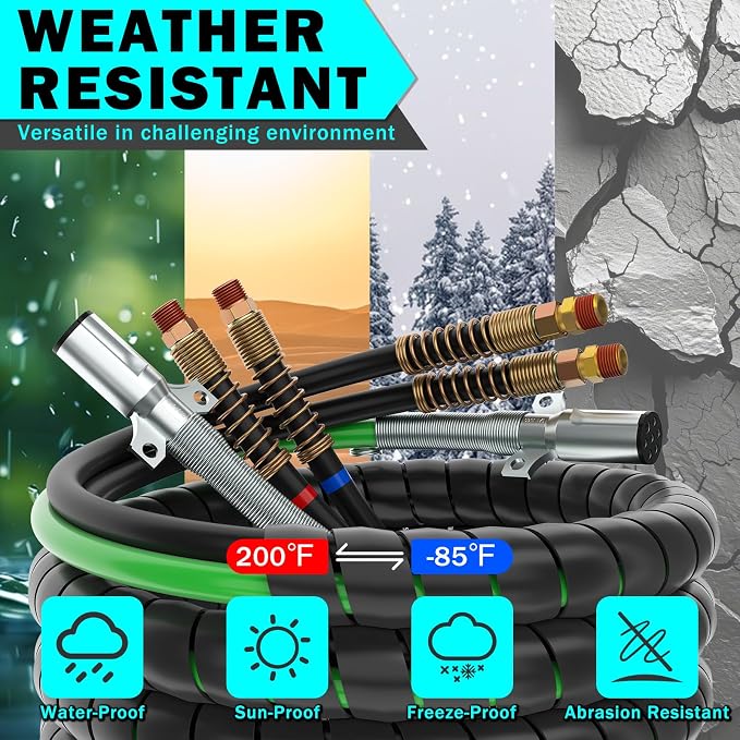 CheeMuii 18FT Semi Truck Air Line Kit with Gladhands Handles Air Line Holder and Springs Kit 7 Way Trailer Cord and 3-in-1 Air Brake Hoses for Semi Truck Trailer Tractor