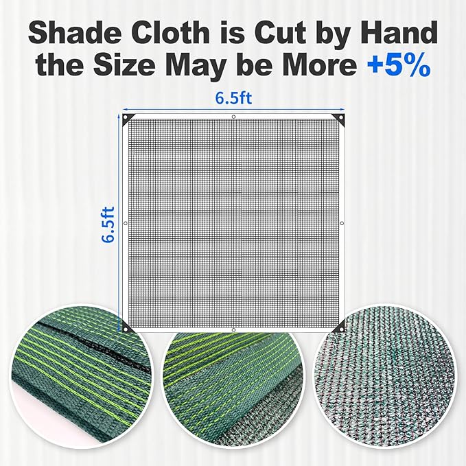 90% Blackish Green Shade Cloth, 6.5x6.5FT Resistant Garden Sun Shade Net, Durable Mesh Shade Tarp with Reinforced Grommets for Greenhouse, Plant, Chicken Coop, Pergola, Swimming ， Canopy，Patio，Garden