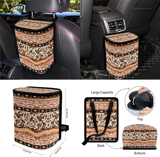 Aztec Tribal Geometric Cow Sunflower Print Full Set with Front Back Seats Steering Wheel Covers, Trash Can, Air Vent Bag, Auto Seat Belt Pads, Mirror Cover, Cup Holder Coaster for Women Men