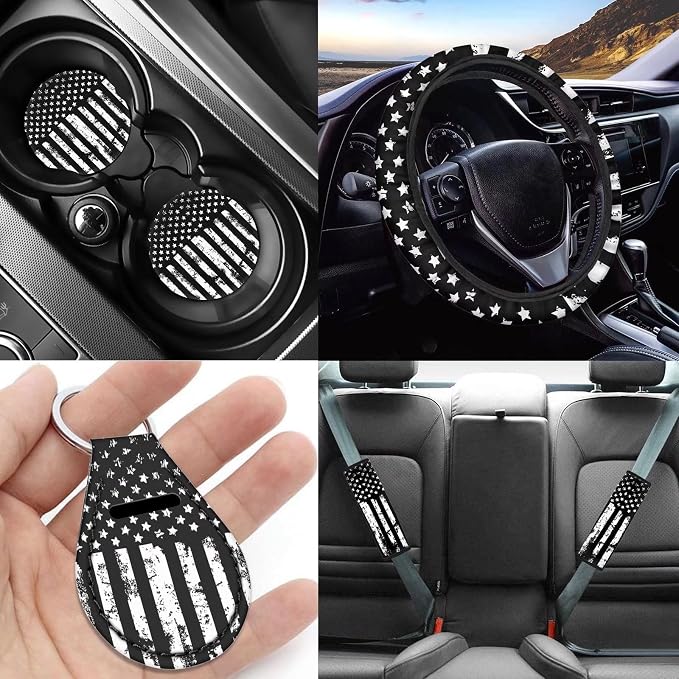 Howilath American Flag July of 4Th Patriotic Car Car Seat Covers Full Set/Steering Wheel Covers/Seat Belt Pads(4 Pack),Keyrings,Coaster,Universal 13 Pieces Auto Accessories