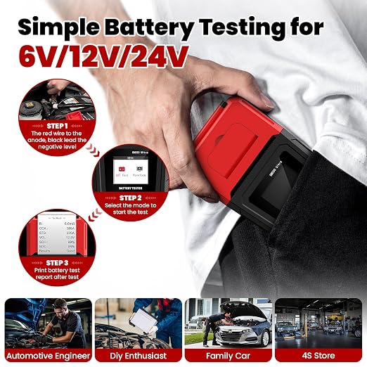Car Battery Tester OBDMONSTER BM550U 6V/12V/24V 100-2000CCA Lead-Acid Battery Load Tester 1.8" HD Screen Automotive Digital Battery Voltage Tester with Built-in Printer