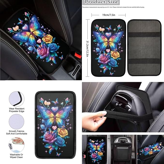 8 Pcs Dream Butterfly Car Seat Covers Full Set Car Accessories for Women Front Seat Cover Steering Wheel Armrest Cover Seat Belt Cover for Auto SUV Interior Decoration