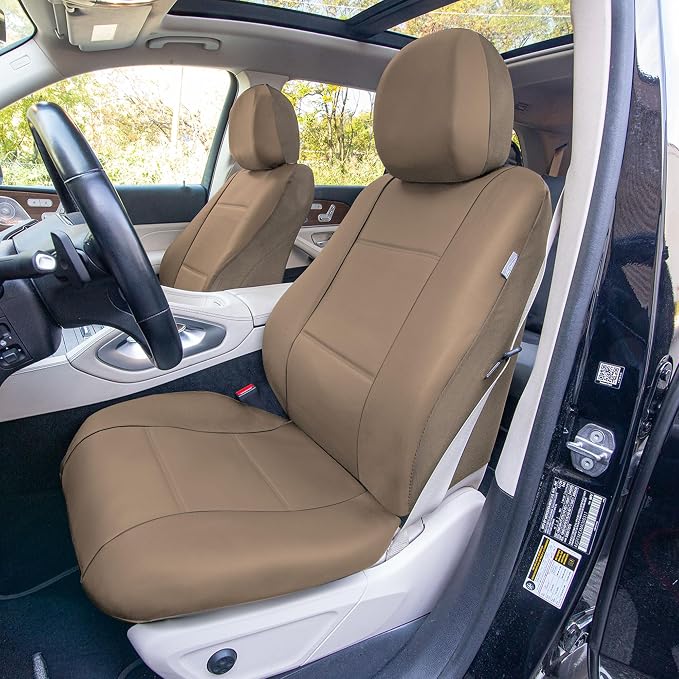 FH Group Car Seat Cover Airbag Compatible Full Set Beige Premium PU Leather - Split Bench Combo Vinyl Floor Mats Seat Covers Interior Accessories Universal Fit for Cars Trucks SUV