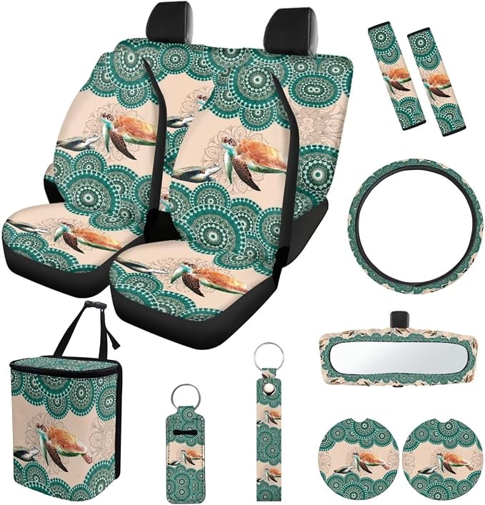 Suobstales Boho Mandala Turtle Print 13 PCS Car Accessories Auto Seat Covers Set with Steering Wheel Cover, Seatbelt Pads, Trash Can, Rearview Mirror Cover, Coasters, Keychain for SUV Trunk Sedan