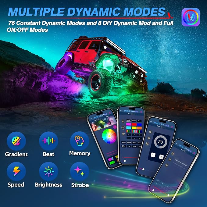MICTUNING Y1 RGB+IC Dream Chasing Color Ultra-Bright 10 Pods LED Rock Light | Wiring Switch Kit, Extra Extension, Bluetooth APP Control, Extensible to 24 Pods, IP68 Waterproof, Series & Parallel Wiring