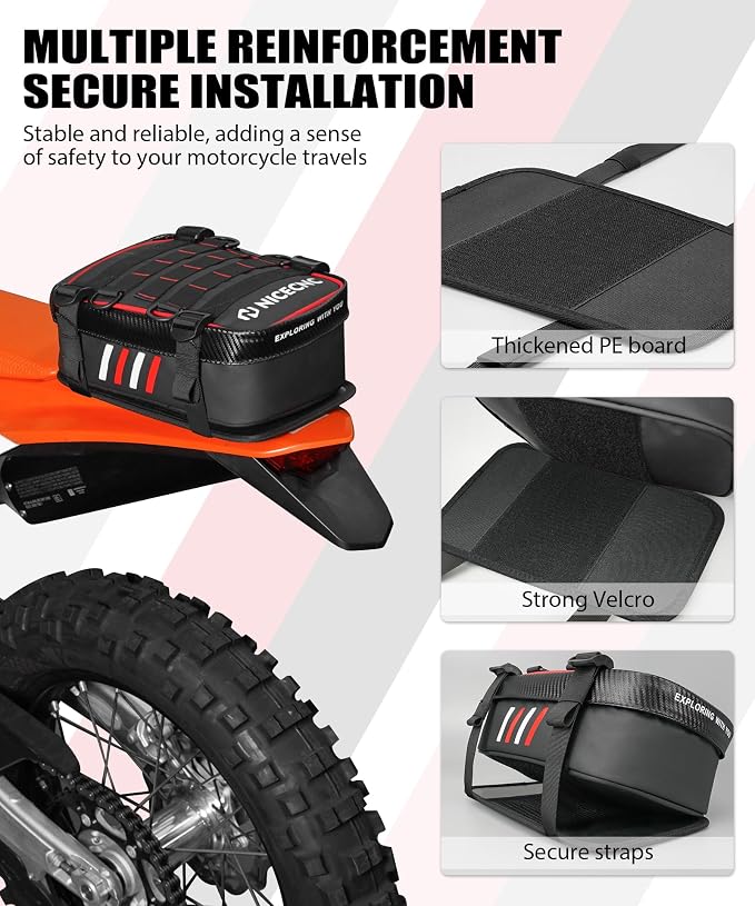 NICECNC Fender Bag with Tool Roll-500D PVC Waterproof Off-Road Storage Bag | Compatible with Motocross Enduro Accessories, Reflective Design Motorcycle Dirt Bike,Red