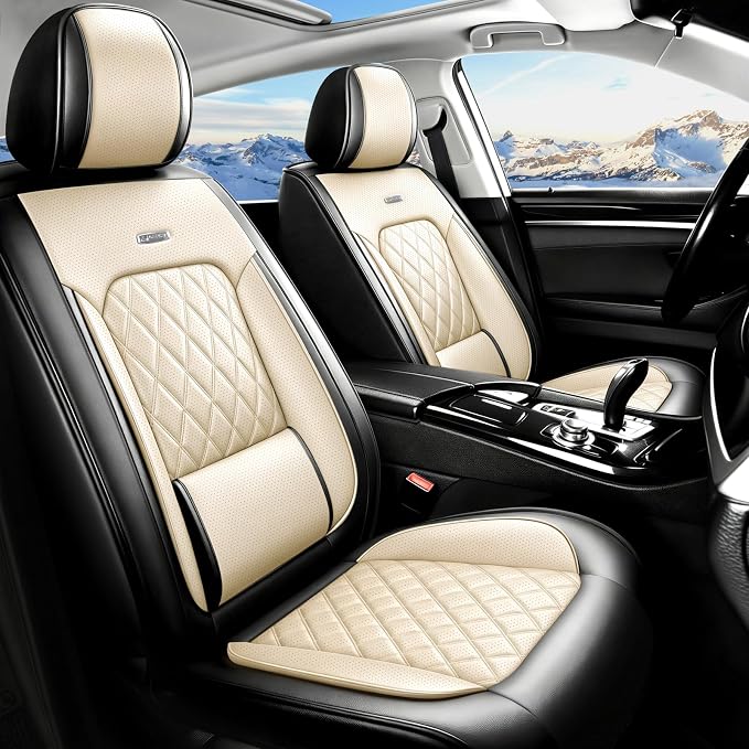 Fit Edge Car Seat Covers for Ford Edge 2007-2025 2026 - Luxury Leather, Anti-Slip, All-Weather Seat Cushions, Waterproof & Breathable, Airbag Compatible, Full 5-Seat Set (Beige)