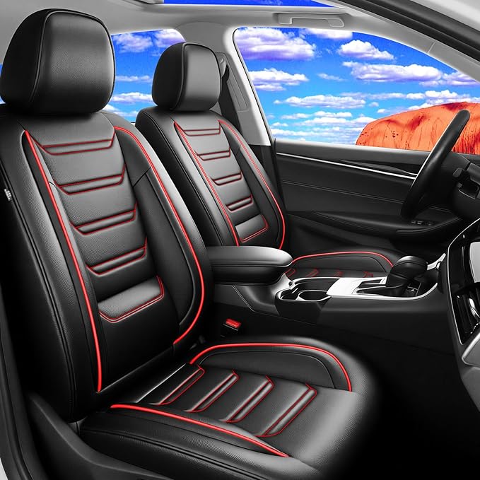 Fit STS Car Seat Covers (Front Pair) for Select Cadillac STS 2005-2011 - Premium Full Coverage Leather, Airbag Compatible & Scratch-Resistant, Waterproof & All Weather Seat Protector, Red Trim