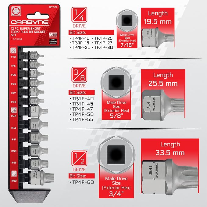 CARBYNE 12-Piece Torx Plus Stubby Low Profile Bit Socket Set, TP10/IP10 to TP60/IP60, S2 Steel, Dual Drive Internal Square and External Hex for Tight Spaces, Genuine Licensed Torx Plus