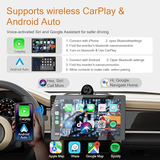 Haudio 10.1 Inch Single Din 360° Rotatable Car Stereo,Support Wireless CarPlay and Android Auto,with 1080P Rear Camera,Mirror Link|Bluetooth|Music Play|AUX|FM/AM|SWC|RDS,Single DIN Car Stereo Radio